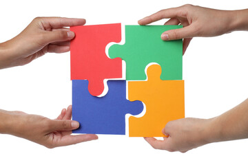 PNG, Color puzzles in hands, isolated on white background