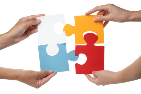 PNG, Color puzzles in hands, isolated on white background