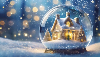 Szklana kula z domkiem w środku. prószący śnieg, światełka  i dekoracje świąteczne. Świąteczny zimowy nastrój pełen ciepła światła, śniegu. Choinki pokryte śniegiem. Niebieskie tło, miejsce na tekst. - obrazy, fototapety, plakaty