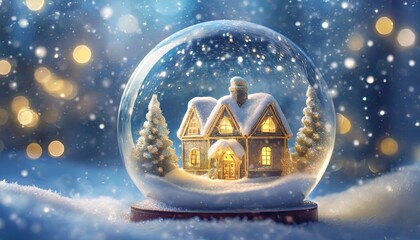 Szklana kula z domkiem w środku. prószący śnieg, światełka  i dekoracje świąteczne. Świąteczny zimowy nastrój pełen ciepła światła, śniegu. Choinki pokryte śniegiem. Niebieskie tło, miejsce na tekst.