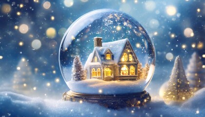 Szklana kula z domkiem w środku. prószący śnieg, światełka  i dekoracje świąteczne. Świąteczny zimowy nastrój pełen ciepła światła, śniegu. Choinki pokryte śniegiem. Niebieskie tło, miejsce na tekst. - obrazy, fototapety, plakaty