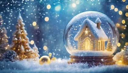 Deurstickers Szklana kula z domkiem w środku. prószący śnieg, światełka  i dekoracje świąteczne. Świąteczny zimowy nastrój pełen ciepła światła, śniegu. Choinki pokryte śniegiem. Niebieskie tło, miejsce na tekst. © kubek_77