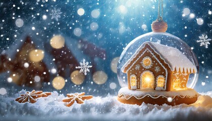 Szklana kula z zamkniętym w środku z domkiem z piernika. Świąteczny klimat, prószący śnieg i błyszczące światełka. świąteczne tło, abstrakcja, miejsce na tekst. 