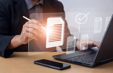 Accountant showing office document auditing concept ,plan review process and assess correctness ,Management of important document storage of organization ,document system ,accountant Audit documents