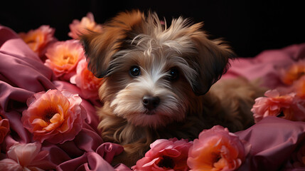 Floral Fantasy: Havanese Puppy on Pink Blanket - Generative AI