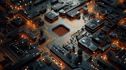 A circuit board featuring intricate electronic microchip arrangements.