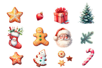 Set of Christmas watercolor elements. Holiday clipart for Christmas card, sticker and print.