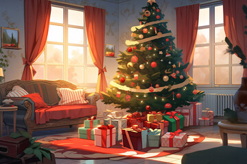 クリスマスツリーと赤いカーテンのリビング