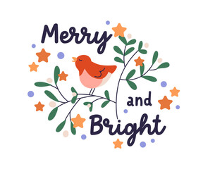 Winter holiday sticker design. Merry Christmas decoration, festive decor composition with cute bird singing on season berry branch, mistletoe. Flat vector illustration isolated on white background