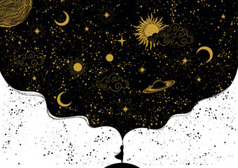Woman touching space with hand, mystical universe poster, imagination, astrology. Zodiac banner with planets, stars and sun on a black background with golden planets. Flat vector illustration. - obrazy, fototapety, plakaty