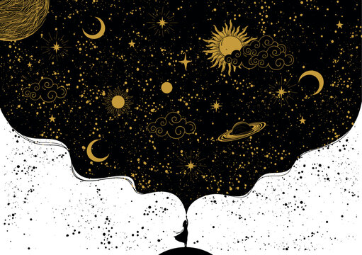 Woman touching space with hand, mystical universe poster, imagination, astrology. Zodiac banner with planets, stars and sun on a black background with golden planets. Flat vector illustration.
