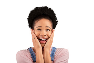 Face, thinking and wow with an afro black woman isolated on a transparent background for expression. Smile, surprise and idea with a happy young person feeling excited about good news on PNG