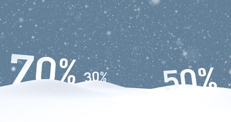 Snowy white winter landscape with snowfall and concept discount sale off the tag, 30, 50, 70, percent. Business Illustration.