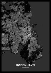 Copenhagen map. Detailed dark map poster of Copenhagen (Denmark). Natural features (lakes, rivers), various types of roads and buildings are grouped separately.