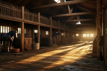 Wooden stable interior morning light. Hut indoor gate house rural. Generate Ai - obrazy, fototapety, plakaty