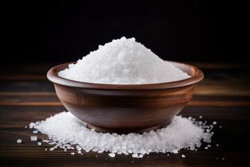 Fototapeta na wymiar A bowl of salt on a wooden table, dark background