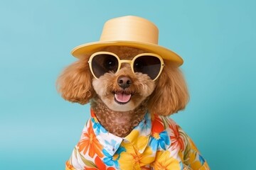 A Poodle dog wearing a hat with sunglasses and a Hawaiian dress