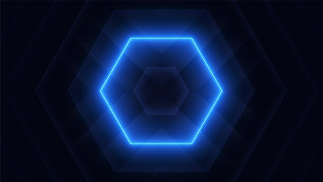 4K abstract technology background with neon blue glowing hexagon illuminated, dark blue geometric motion design, loop animation