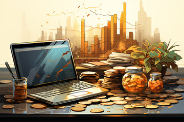 Concept of investing, piles of coins, stacks, charts, business people, businessman. 