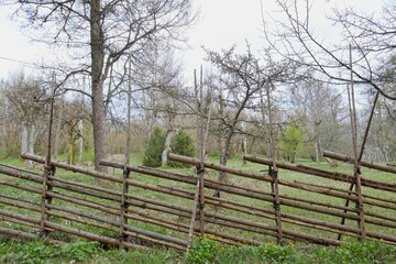 Old wooden roundpole fence in a country landscape in spring.