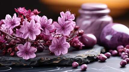 Obraz na płótnie Canvas Podium Stand Showcase Brigth Purple Flowers, HD, Background Wallpaper, Desktop Wallpaper