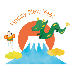 富士山と初日の出と辰と奴凧の年賀状イラスト