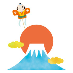 富士山と初日の出と飛んでいる奴凧の年賀状イラスト