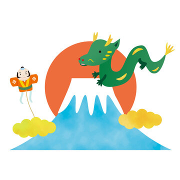 富士山と初日の出と辰と奴凧の年賀状イラスト