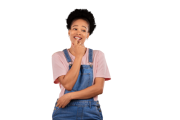 Question, thinking and black woman with doubt, nervous and decision isolated on a transparent background. African person, why and model anxious, stress and emoji with fear, png and problem solving