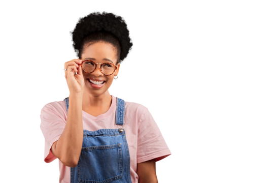 Happy, black woman and portrait thinking with glasses or fashion in transparent, isolated and png background. Vision, eyewear or spectacle frames with lenses and smart college student with healthcare