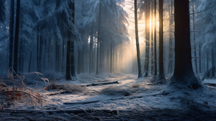 Winter forest in the morning - obrazy, fototapety, plakaty