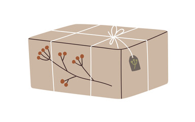 Christmas gift box in kraft paper, holiday wrapping in modern style. Present decorated with berry branch, tag, wrapped in eco recycled craft. Flat vector illustration isolated on white background