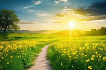 Beautiful landscape with green field and blue sky with clouds