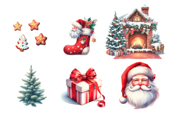 Set of Christmas watercolor elements. Holiday clipart for Christmas card, sticker and print.