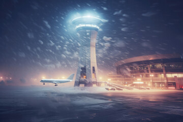A blizzard affecting airline operations, causing delays and safety concerns at the airport.