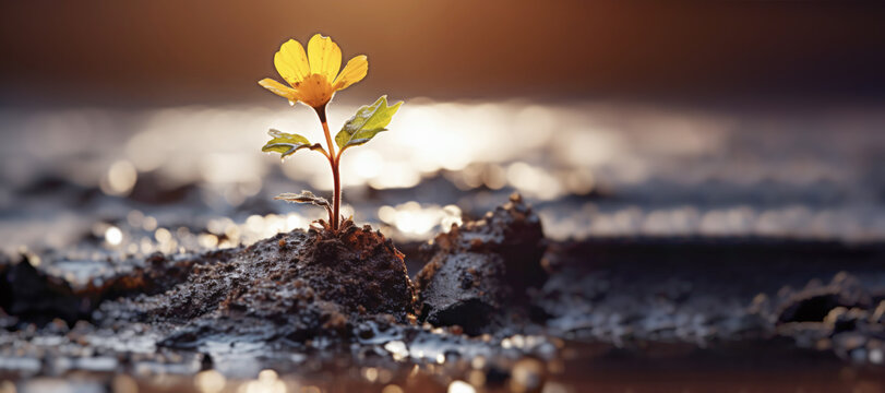 A houseplant in a polluted environment serves as a symbol of hope amidst an environmental cataclysm, representing the potential for life to persist in challenging conditions.