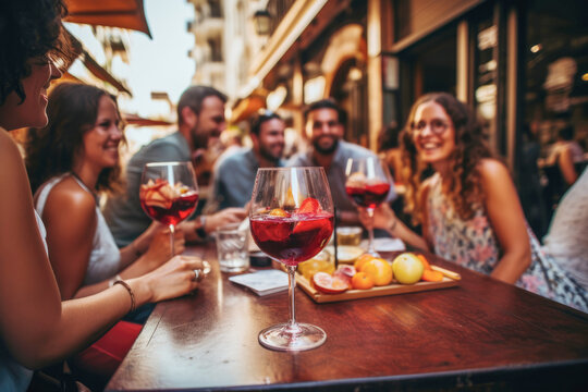 Friends gathered around a table, laughing and having fun while sipping sangria during a summer vacation.