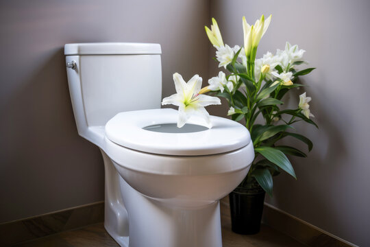 The concept of home comfort and hygiene, with an image of a toilet filled with a refreshing scent and blooming flowers.