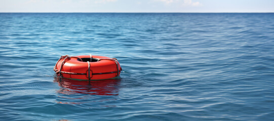 A blue ocean background emphasizes the importance of lifebuoys for protection and safety during sea travel.