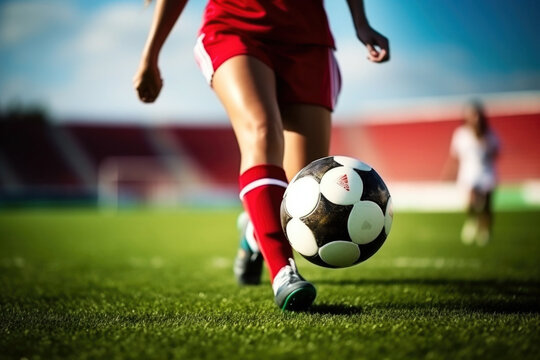 Female soccer player with ball close up