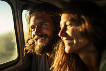 Happy smiling couple enjoying vacation together inside a camper van. Travel, vacation and freedom concept - obrazy, fototapety, plakaty