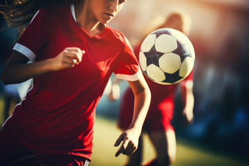 Female soccer player with ball close up - obrazy, fototapety, plakaty