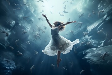 Aquatic Elegance: A Lady Dancing Gracefully in the Water, Liquid Choreography: Captivating Dance Moves Amidst the Waves, Fluid Ballet: Enchanting Water Dance by a Graceful Lady - obrazy, fototapety, plakaty