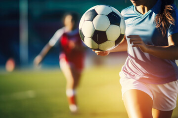 Fototapeta premium Female soccer player with ball close up
