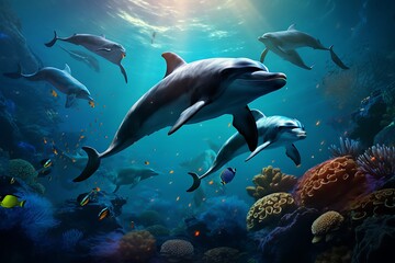dolphin swimming in the water. Marine life concept