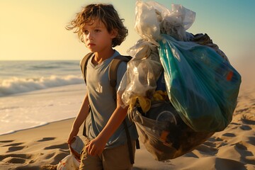 A responsible teen collecting trash at the beach. Sustainable tourism - obrazy, fototapety, plakaty