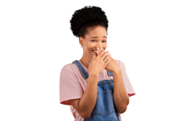 Wow, laugh and hands on face of woman with funny secret on isolated, transparent or png background. Emoji, portrait and female model with comic drama, news or taboo gossip, announcement or gesture