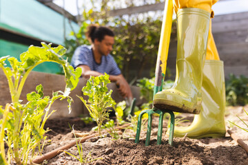 Legs of blonde caucasian woman loosening soil with fork in sunny greenhouse