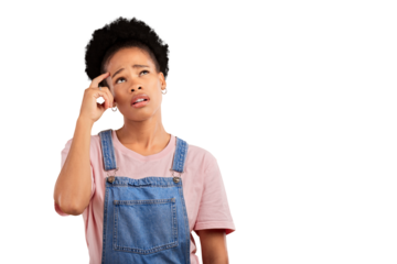 Planning, thinking and black woman with doubt, confused and decision isolated on transparent background. African person, why and model anxious, questions and emoji with ideas, png and problem solving