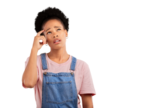 Planning, thinking and black woman with doubt, confused and decision isolated on transparent background. African person, why and model anxious, questions and emoji with ideas, png and problem solving